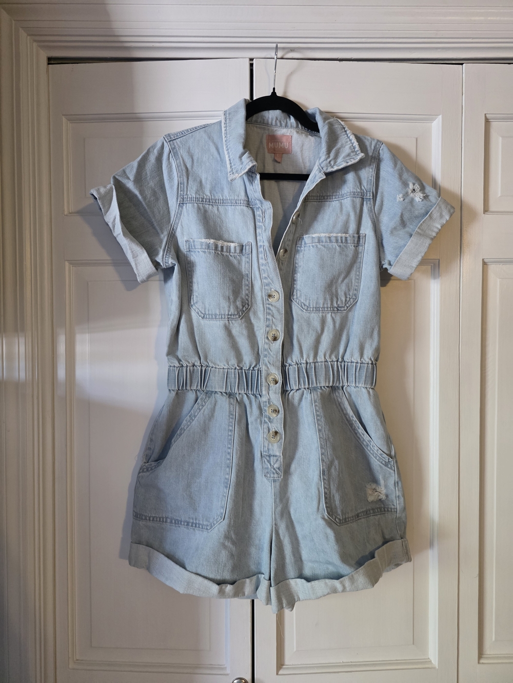 Show Me Your Mumu Light Wash Denim Utility Romper Medium Playsuit Festival - Picture 5 of 12